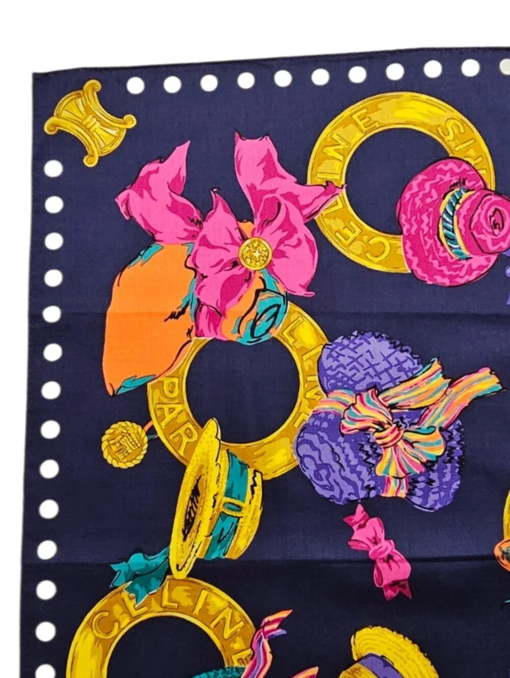 Celine Paris Cotton Scarf with Navy, Magenta & Gold Hats And Rings Print - Picture 5 of 7
